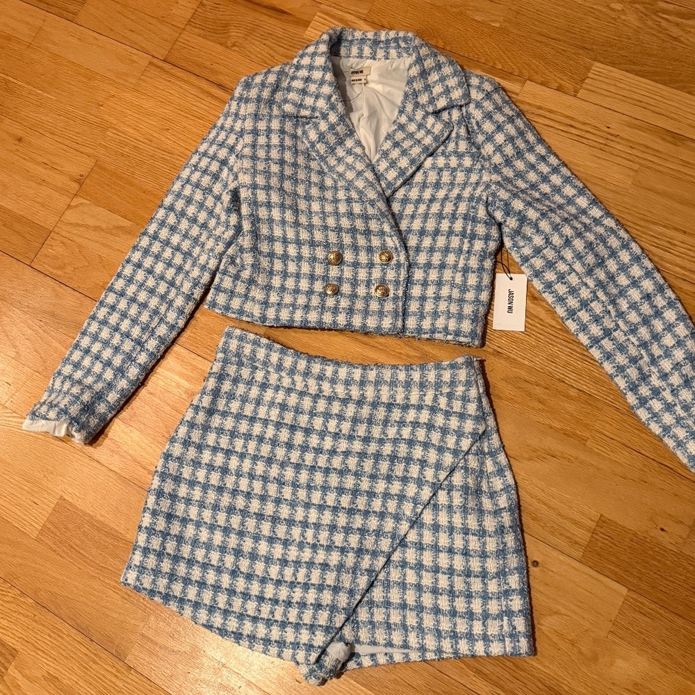 Jason Wu blue and white tweed cropped jacket with matching skort set